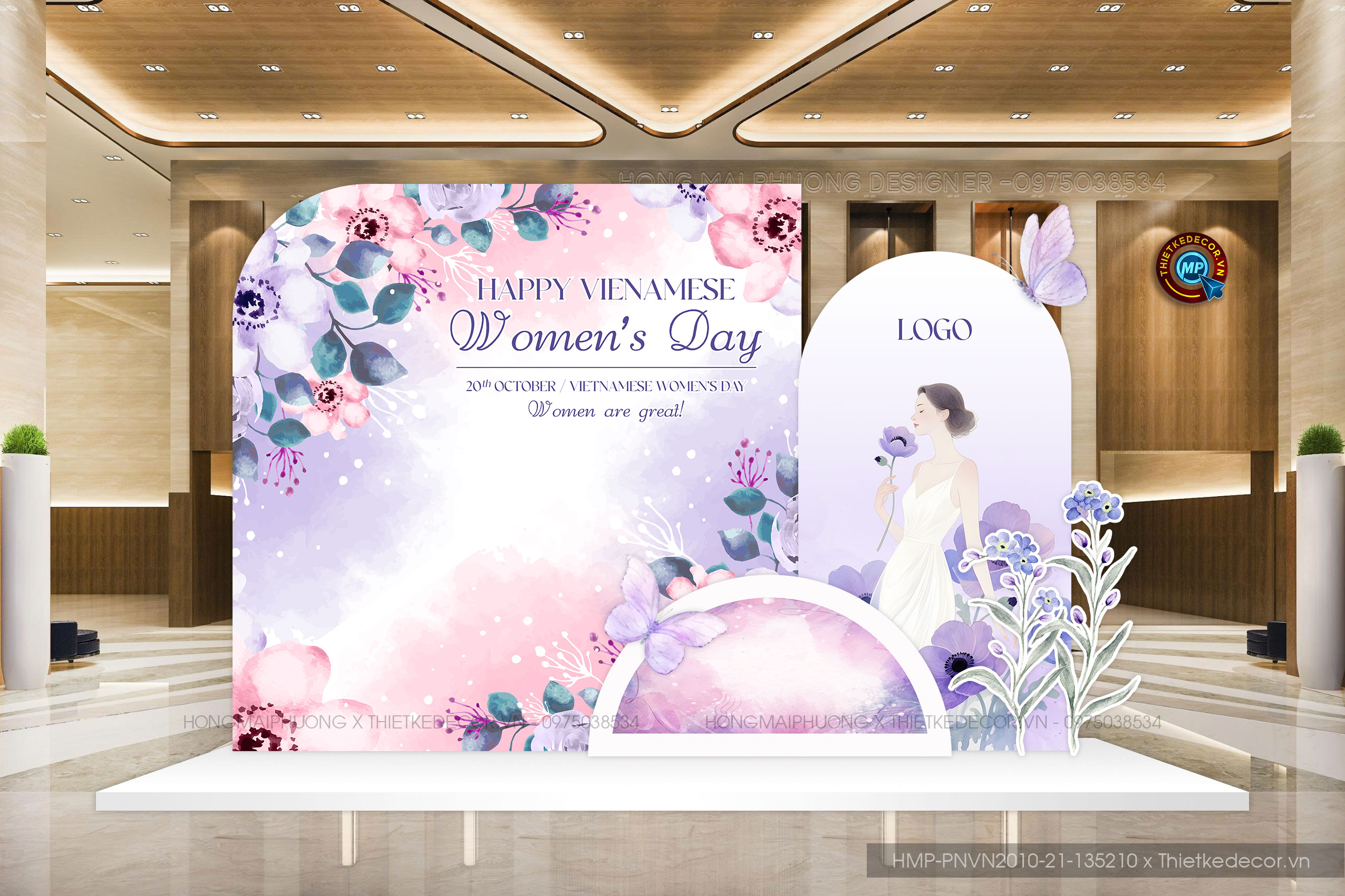 Backdrop check in Ngày Phụ nữ Việt Nam 20-10 tone tím pastel vibe thơ mộng